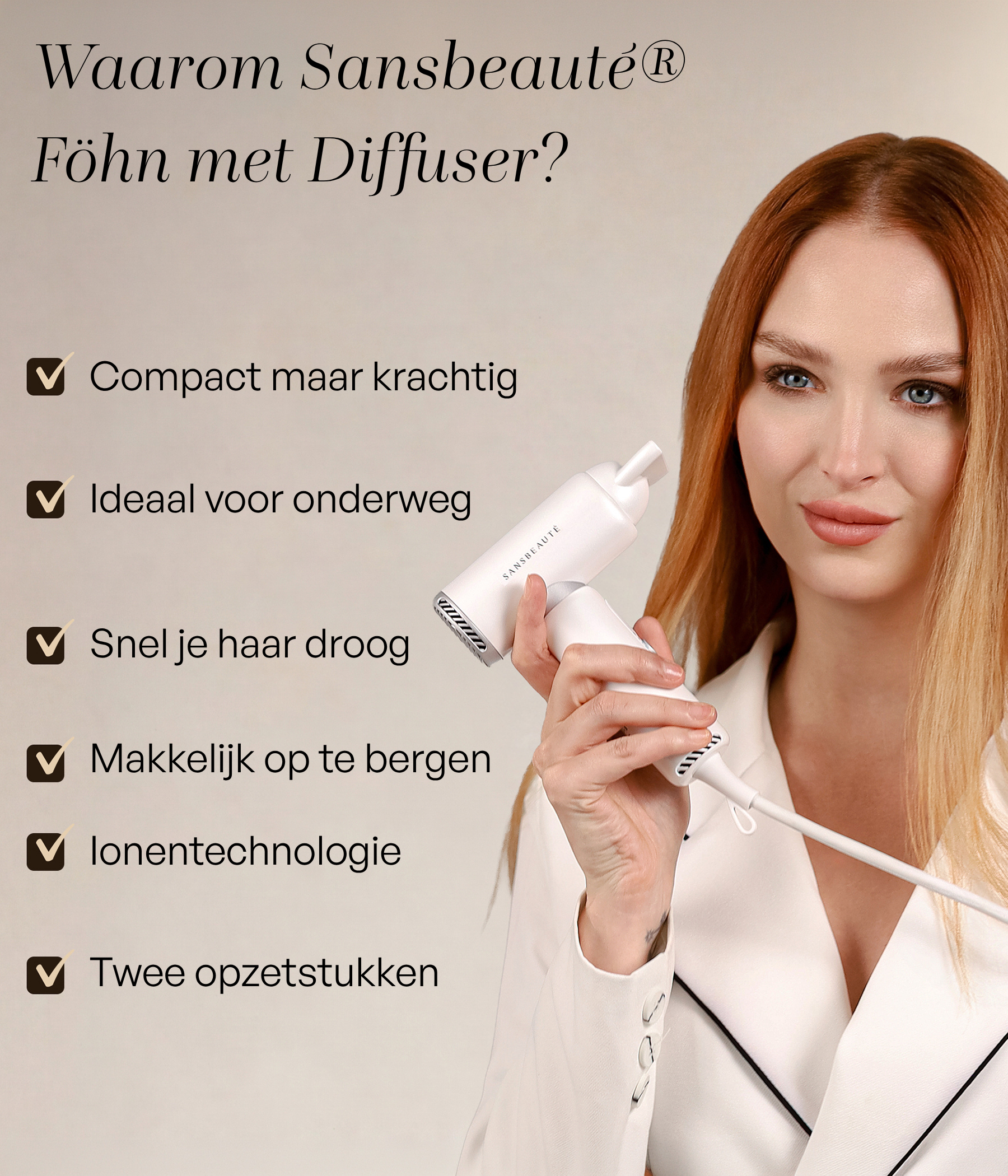 SANSBEAUTÉ® COMPACTE FÖHN MET DIFFUSER - REISFÖHN MINI